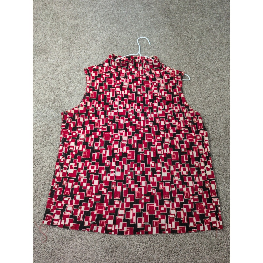JKLA California Red Black Geometric Square Mock Neck Sleeveless Blouse Large